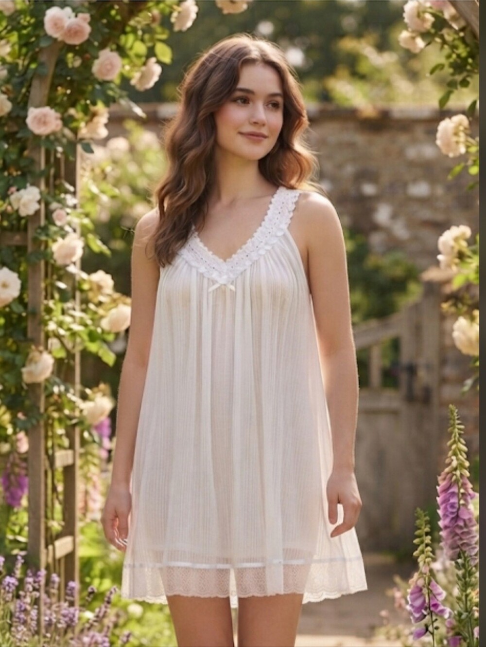 Vintage White Crinkled Gauze Babydoll Nightgown Crochet Lace Tiered OSFM EUC